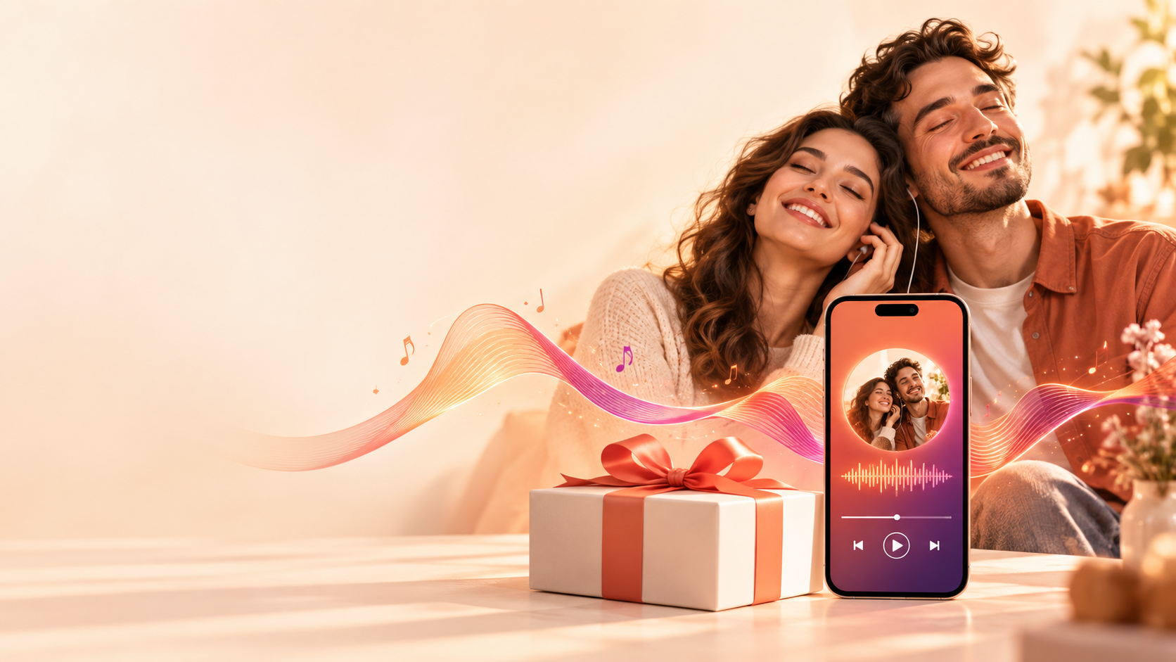 Kişiye özel şarkı paketini telefondan dinleyen mutlu çift