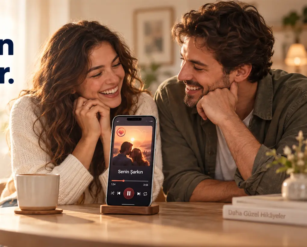 Kendilerine özel hazırlanan şarkıyı telefondan birlikte dinleyen mutlu çift